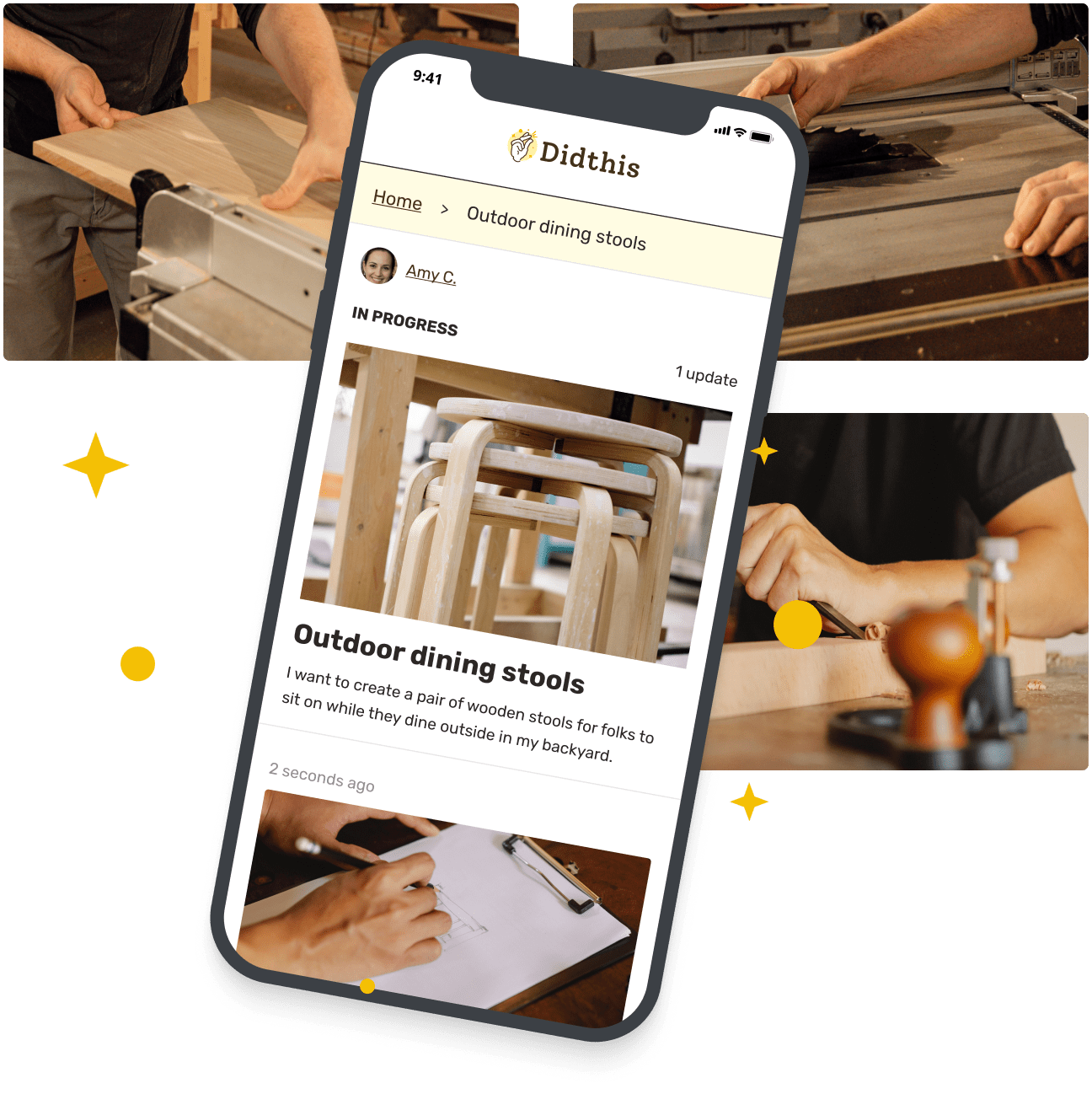 An iPhone screenshot showing the DidThis application featuring a woodworking project in progress
